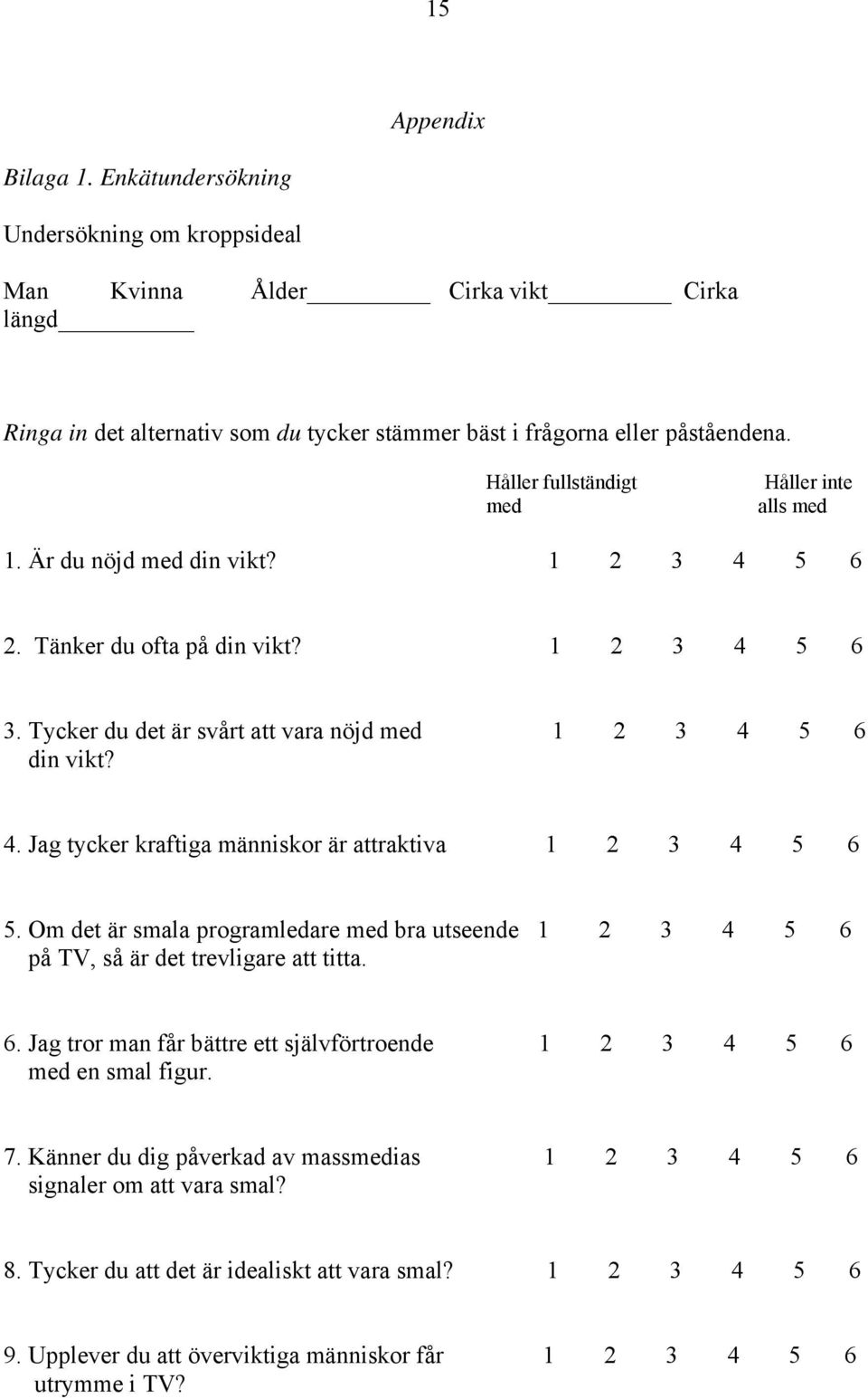 Om det är smala programledare med bra utseende 1 2 3 4 5 6 på TV, så är det trevligare att titta. 6. Jag tror man får bättre ett självförtroende 1 2 3 4 5 6 med en smal figur. 7.