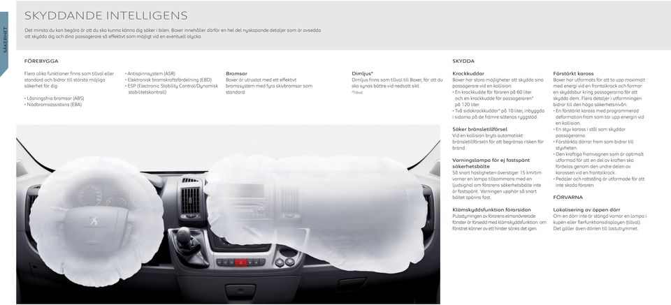 FÖREBYGGA SKYDDA Flera olika funktioner finns som tillval eller standard och bidrar till största möjliga säkerhet för dig: Låsningsfria bromsar (ABS) Nödbromsassistans (EBA) Antispinnsystem (ASR)