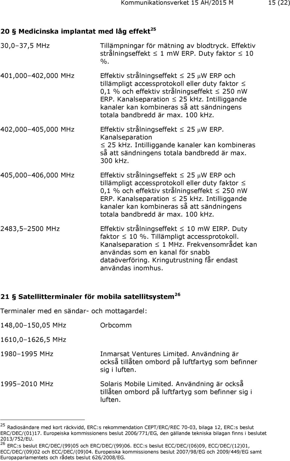 Intilliggande kanaler kan kombineras så att sändningens totala bandbredd är max. 100 khz. 402,000 405,000 MHz Effektiv strålningseffekt 25 µw ERP. Kanalseparation 25 khz.