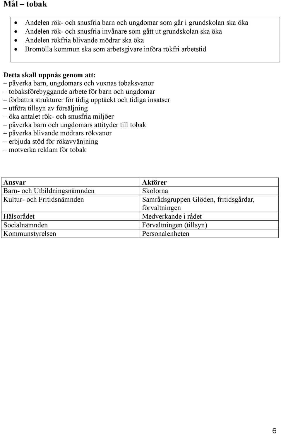 för tidig upptäckt och tidiga insatser utföra tillsyn av försäljning öka antalet rök- och snusfria miljöer påverka barn och ungdomars attityder till tobak påverka blivande mödrars rökvanor erbjuda