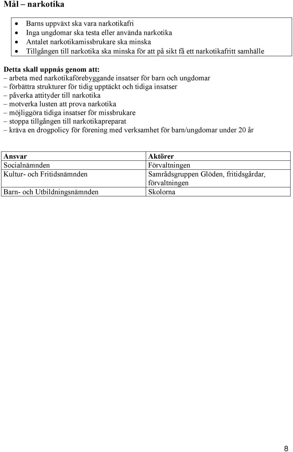 påverka attityder till narkotika motverka lusten att prova narkotika möjliggöra tidiga insatser för missbrukare stoppa tillgången till narkotikapreparat kräva en drogpolicy för förening med