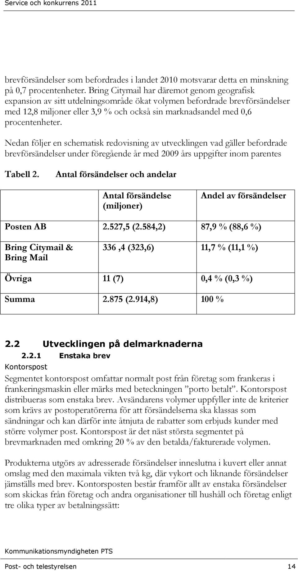 procentenheter. Nedan följer en schematisk redovisning av utvecklingen vad gäller befordrade brevförsändelser under föregående år med 2009 års uppgifter inom parentes Tabell 2.