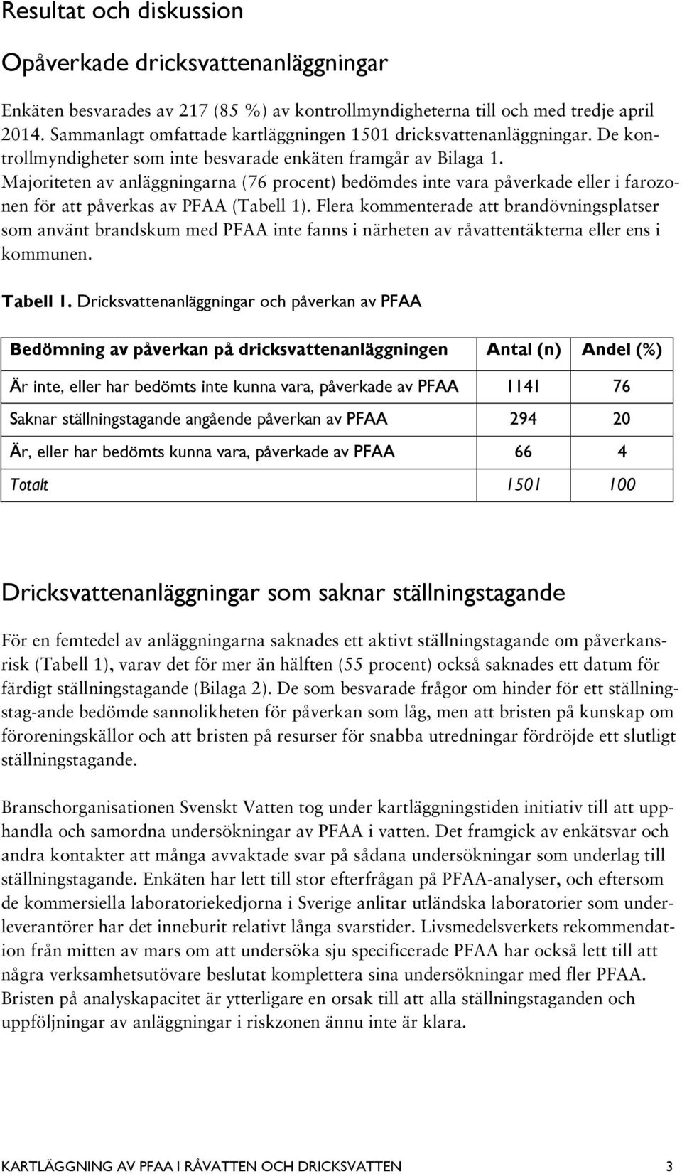 Majoriteten av anläggningarna (76 procent) bedömdes inte vara påverkade eller i farozonen för att påverkas av PFAA (Tabell 1).