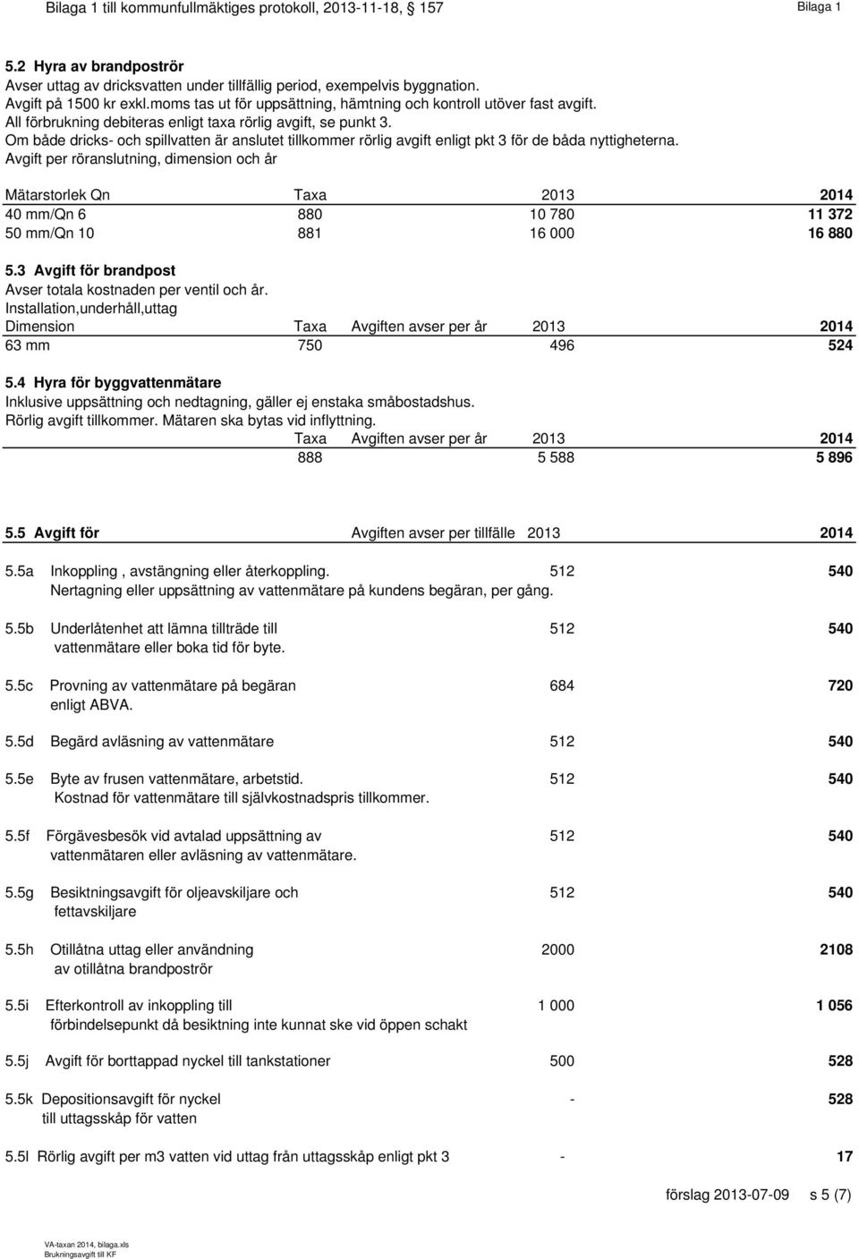 Avgift per röranslutning, dimension och år Mätarstorlek Qn Taxa 40 mm/qn 6 880 10 780 11 372 50 mm/qn 10 881 16 000 16 880 5.3 Avgift för brandpost Avser totala kostnaden per ventil och år.