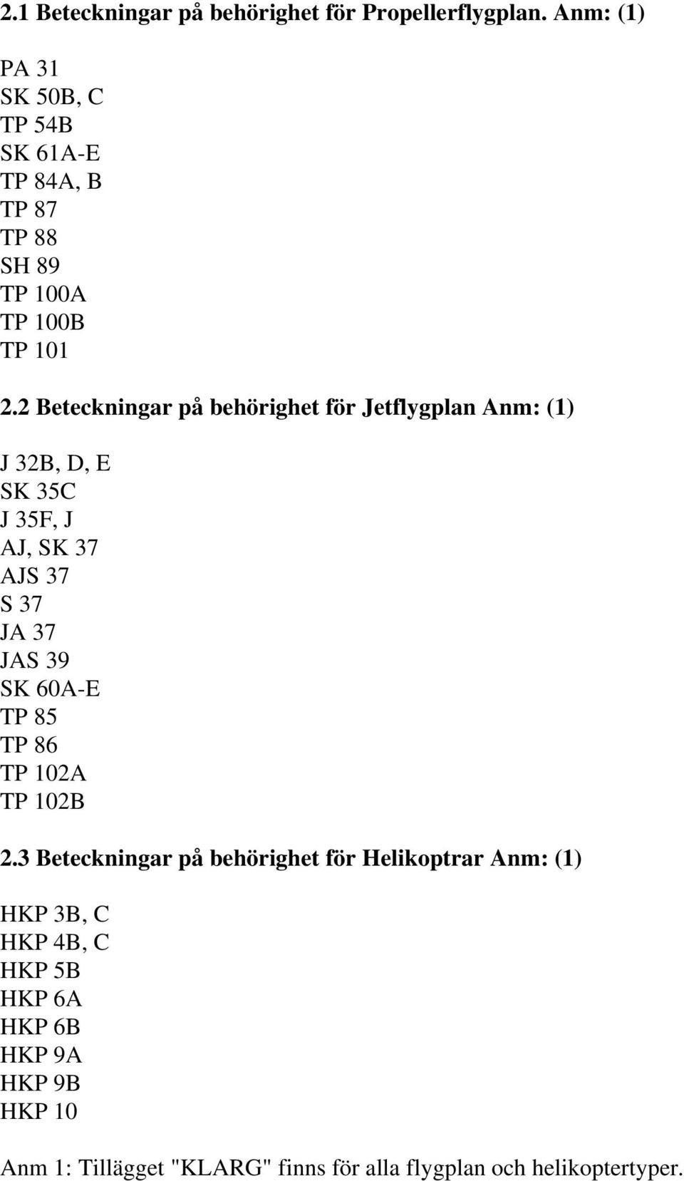 2 Beteckningar på behörighet för Jetflygplan Anm: (1) J 32B, D, E SK 35C J 35F, J AJ, SK 37 AJS 37 S 37 JA 37 JAS 39 SK