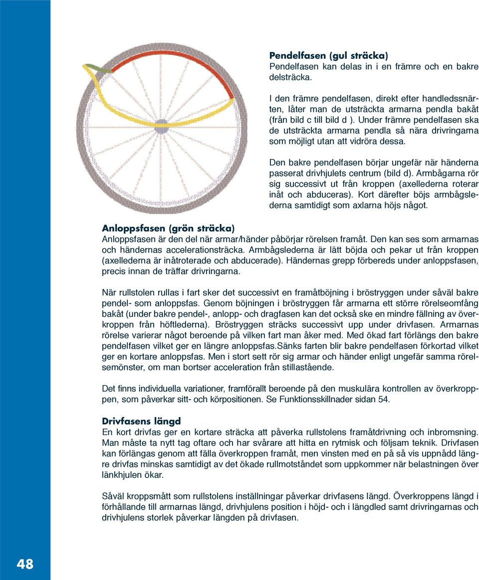 Under främre pendelfasen ska de utsträckta armarna pendla så nära drivringarna som möjligt utan att vidröra dessa.