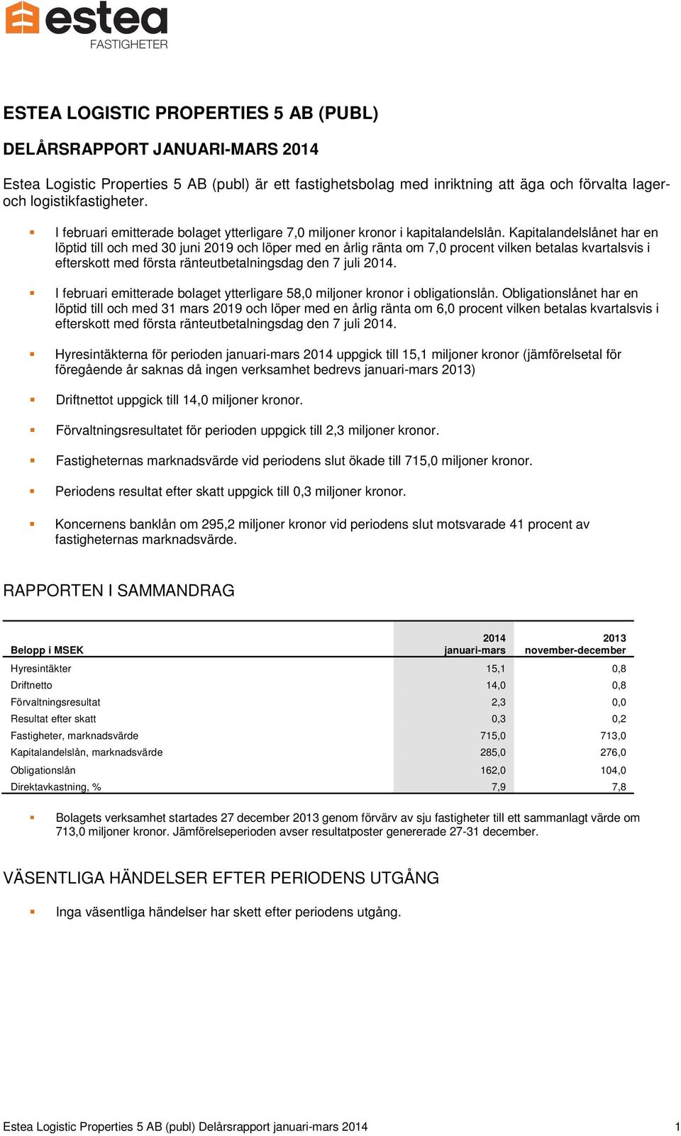 Kapitalandelslånet har en löptid till och med 30 juni 2019 och löper med en årlig ränta om 7,0 procent vilken betalas kvartalsvis i efterskott med första ränteutbetalningsdag den 7 juli 2014.