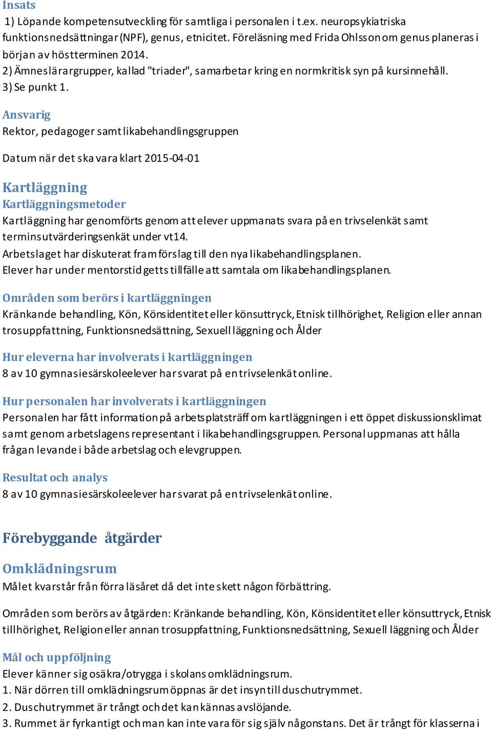 Ansvarig Rektor, pedagoger samt likabehandlingsgruppen Kartläggning Kartläggningsmetoder Kartläggning har genomförts genom att elever uppmanats svara på en trivselenkät samt terminsutvärderingsenkät