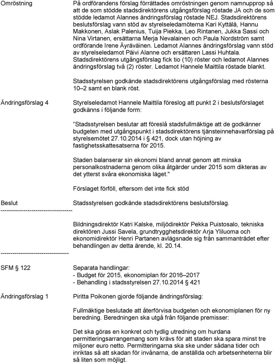 Nevalainen och Paula Nordström samt ordförande Irene Äyräväinen. Ledamot Alannes ändringsförslag vann stöd av styrelseledamot Päivi Alanne och ersättaren Lassi Huhtala.