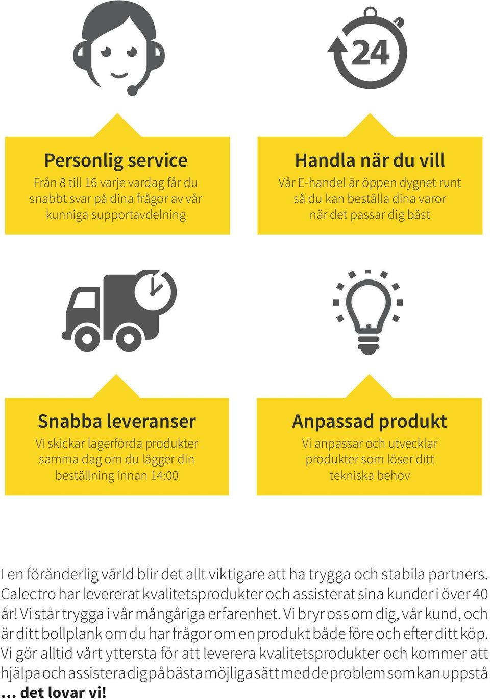 behov I en föränderlig värld blir det allt viktigare att ha trygga och stabila partners. Calectro har levererat kvalitetsprodukter och assisterat sina kunder i över 40 år!