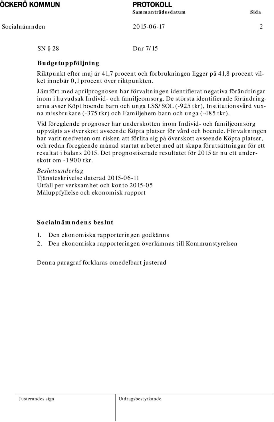 De största identifierade förändringarna avser Köpt boende barn och unga LSS/SOL (-925 tkr), Institutionsvård vuxna missbrukare (-375 tkr) och Familjehem barn och unga (-485 tkr).