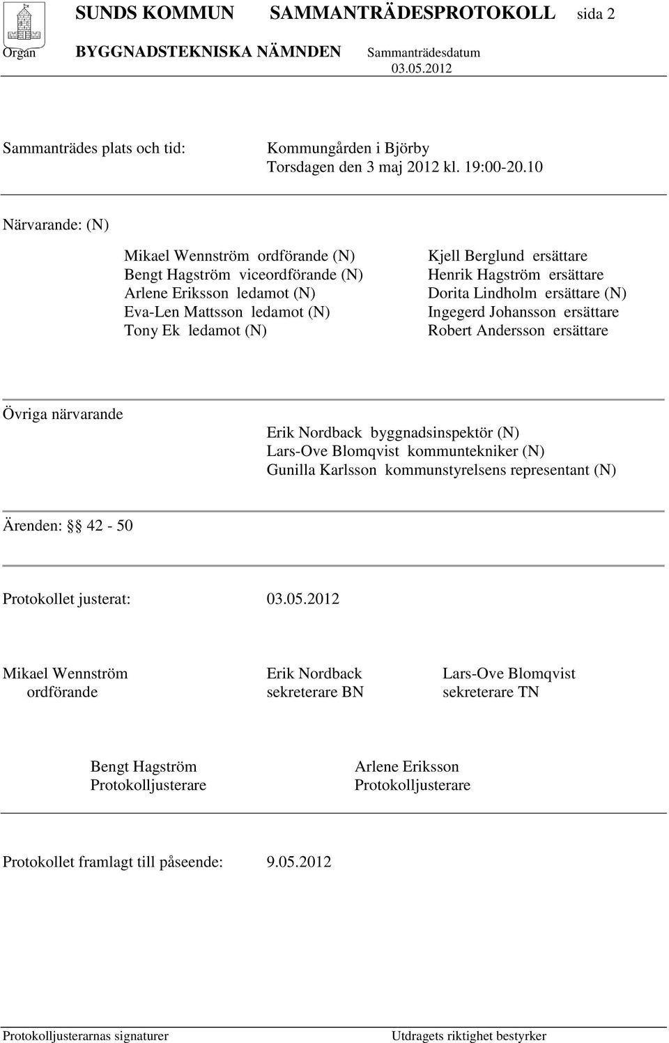 Hagström ersättare Dorita Lindholm ersättare (N) Ingegerd Johansson ersättare Robert Andersson ersättare Övriga närvarande Erik Nordback byggnadsinspektör (N) Lars-Ove Blomqvist kommuntekniker (N)