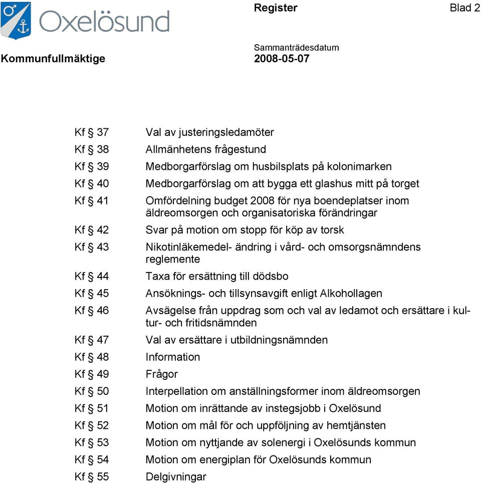 motion om stopp för köp av torsk Nikotinläkemedel- ändring i vård- och omsorgsnämndens reglemente Taxa för ersättning till dödsbo Ansöknings- och tillsynsavgift enligt Alkohollagen Avsägelse från