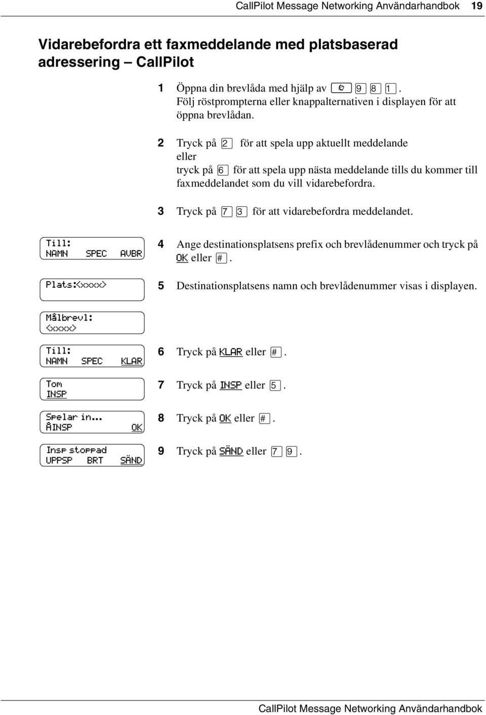 vill vidarebefordra. 3 Tryck på för att vidarebefordra meddelandet. Till: NAMN SPEC AVBR Plats:<xxxx> 4 Ange destinationsplatsens prefix och brevlådenummer och tryck på.