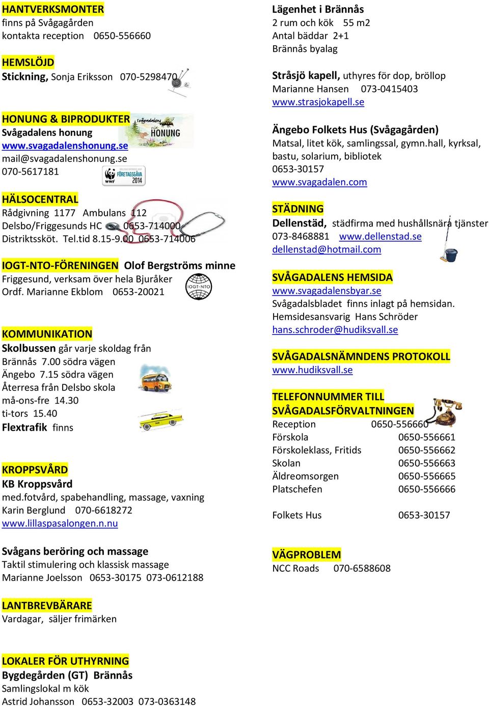 00 0653-714006 IOGT-NTO-FÖRENINGEN Olof Bergströms minne Friggesund, verksam över hela Bjuråker Ordf. Marianne Ekblom 0653-20021 KOMMUNIKATION Skolbussen går varje skoldag från Brännås 7.