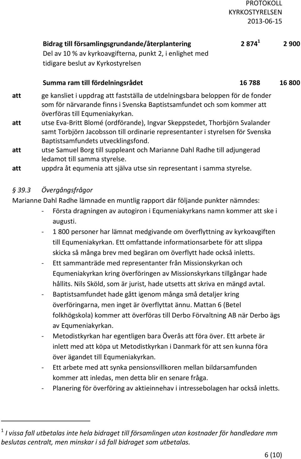 utse Eva-Britt Blomé (ordförande), Ingvar Skeppstedet, Thorbjörn Svalander samt Torbjörn Jacobsson till ordinarie representanter i styrelsen för Svenska Baptistsamfundets utvecklingsfond.
