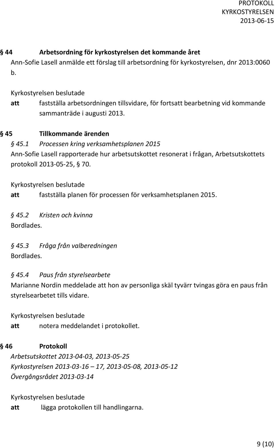 1 Processen kring verksamhetsplanen 2015 Ann-Sofie Lasell rapporterade hur arbetsutskottet resonerat i frågan, Arbetsutskottets protokoll 2013-05-25, 70.