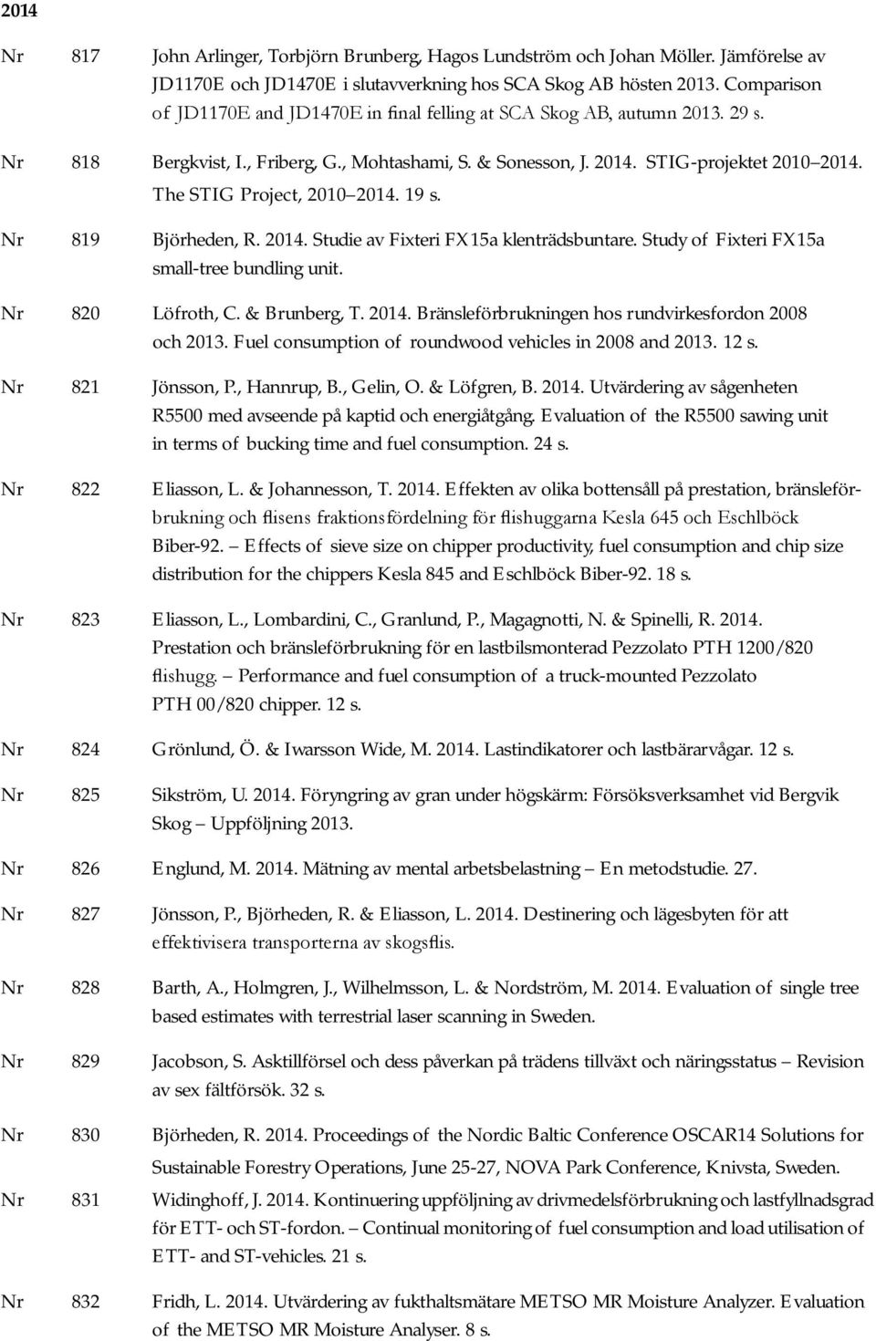 The STIG Project, 2010 2014. 19 s. Nr 819 Björheden, R. 2014. Studie av Fixteri FX15a klenträdsbuntare. Study of Fixteri FX15a small-tree bundling unit. Nr 820 Löfroth, C. & Brunberg, T. 2014. Bränsleförbrukningen hos rundvirkesfordon 2008 och 2013.