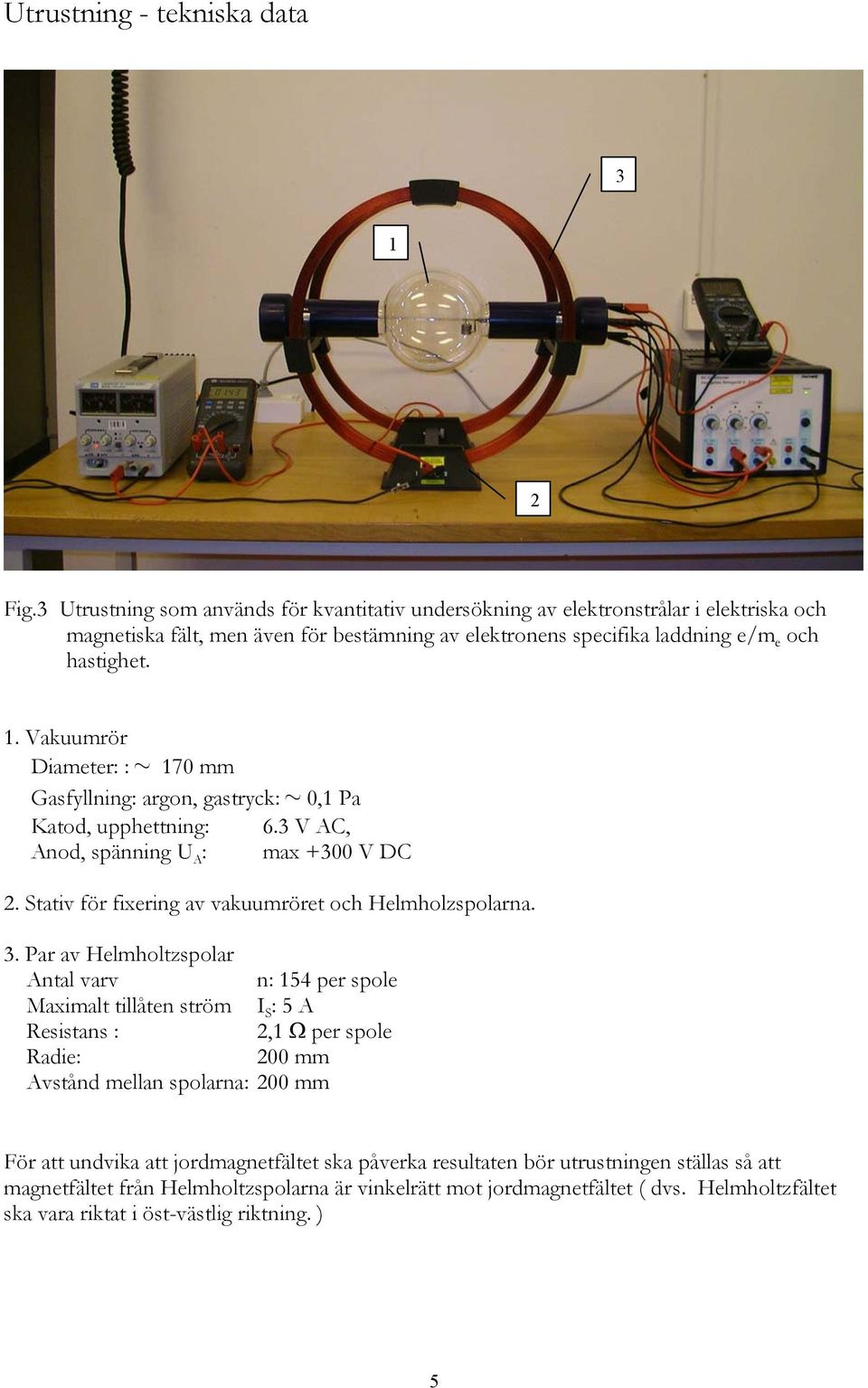 Vakuumrör Diamtr: : ~ 170 mm Gasfyllning: argon, gastryck: ~0,1 Pa Katod, upphttning: 6.3 V AC, Anod, spänning U A : max +300 V DC 2. Stativ för fixring av vakuumrört och Hlmholzspolarna. 3.