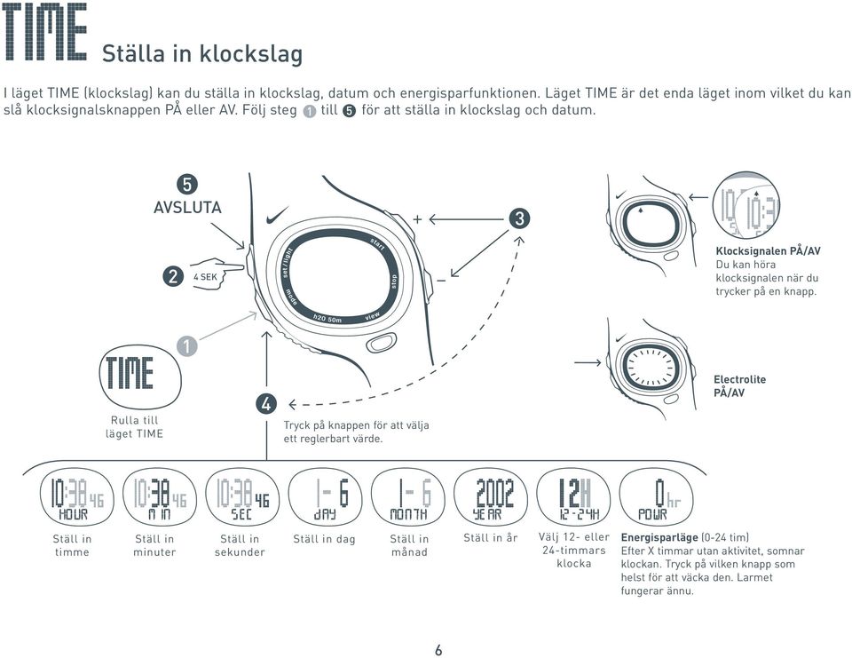 AVSLUTA 4 SEK Klocksignalen PÅ/AV Du kan höra klocksignalen när du trycker på en knapp. Rulla till läget TIME 4 Tryck på knappen för att välja ett reglerbart värde.