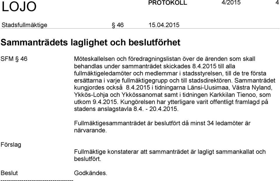 Möteskallelsen och föredragningslistan över de ärenden som skall behandlas under sammanträdet skickades 8.4.