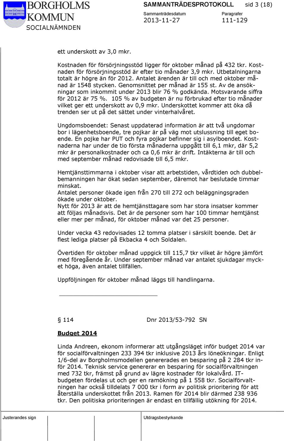 Av de ansökningar som inkommit under 2013 blir 76 % godkända. Motsvarande siffra för 2012 är 75 %. 105 % av budgeten är nu förbrukad efter tio månader vilket ger ett underskott av 0,9 mkr.