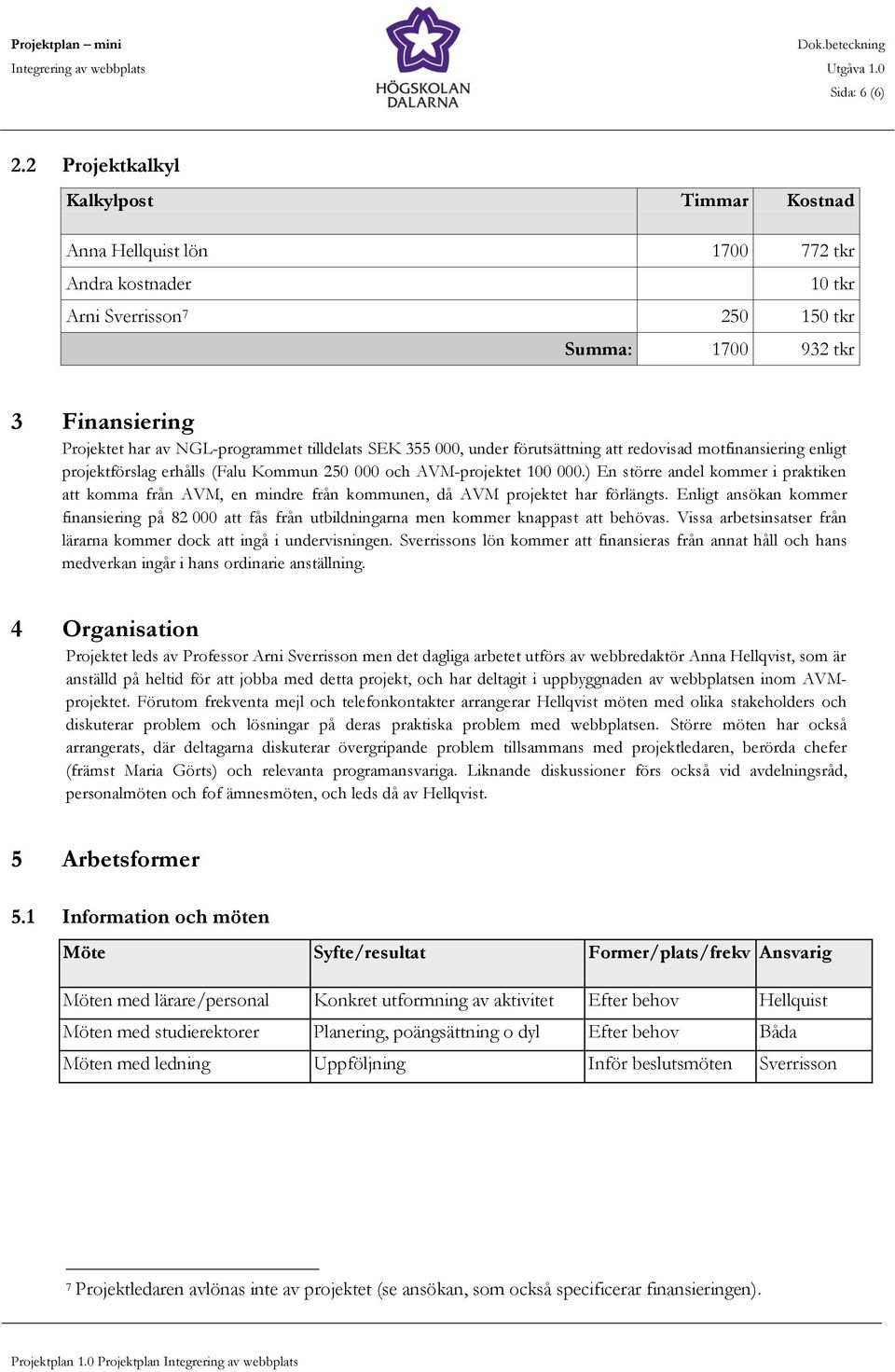 tilldelats SEK 355 000, under förutsättning att redovisad motfinansiering enligt projektförslag erhålls (Falu Kommun 250 000 och AVM-projektet 100 000.