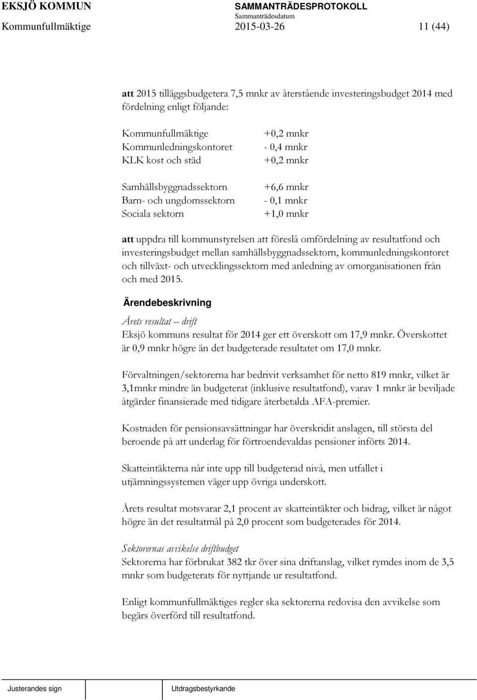 resultatfond och investeringsbudget mellan samhällsbyggnadssektorn, kommunledningskontoret och tillväxt- och utvecklingssektorn med anledning av omorganisationen från och med 2015.