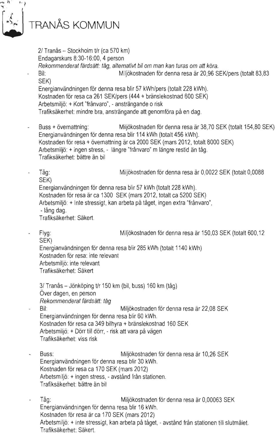 Kostnaden för resa ca 261 SEKJpers (444 + bränslekostnad 600 SEK) Arbetsmiljö: + Kort "frånvaro", - ansträngande o risk Trafiksäkerhet: mindre bra, ansträngande att genomföra på en dag.