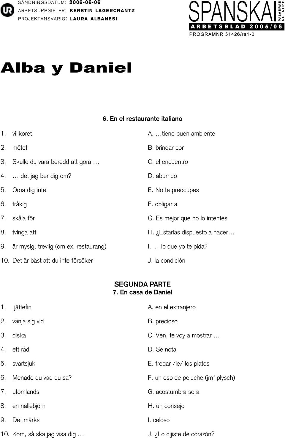 Det är bäst att du inte försöker J. la condición SEGUNDA PARTE 7. En casa de Daniel 1. jättefin A. en el extranjero 2. vänja sig vid B. precioso 3. diska C. Ven, te voy a mostrar 4. ett råd D.