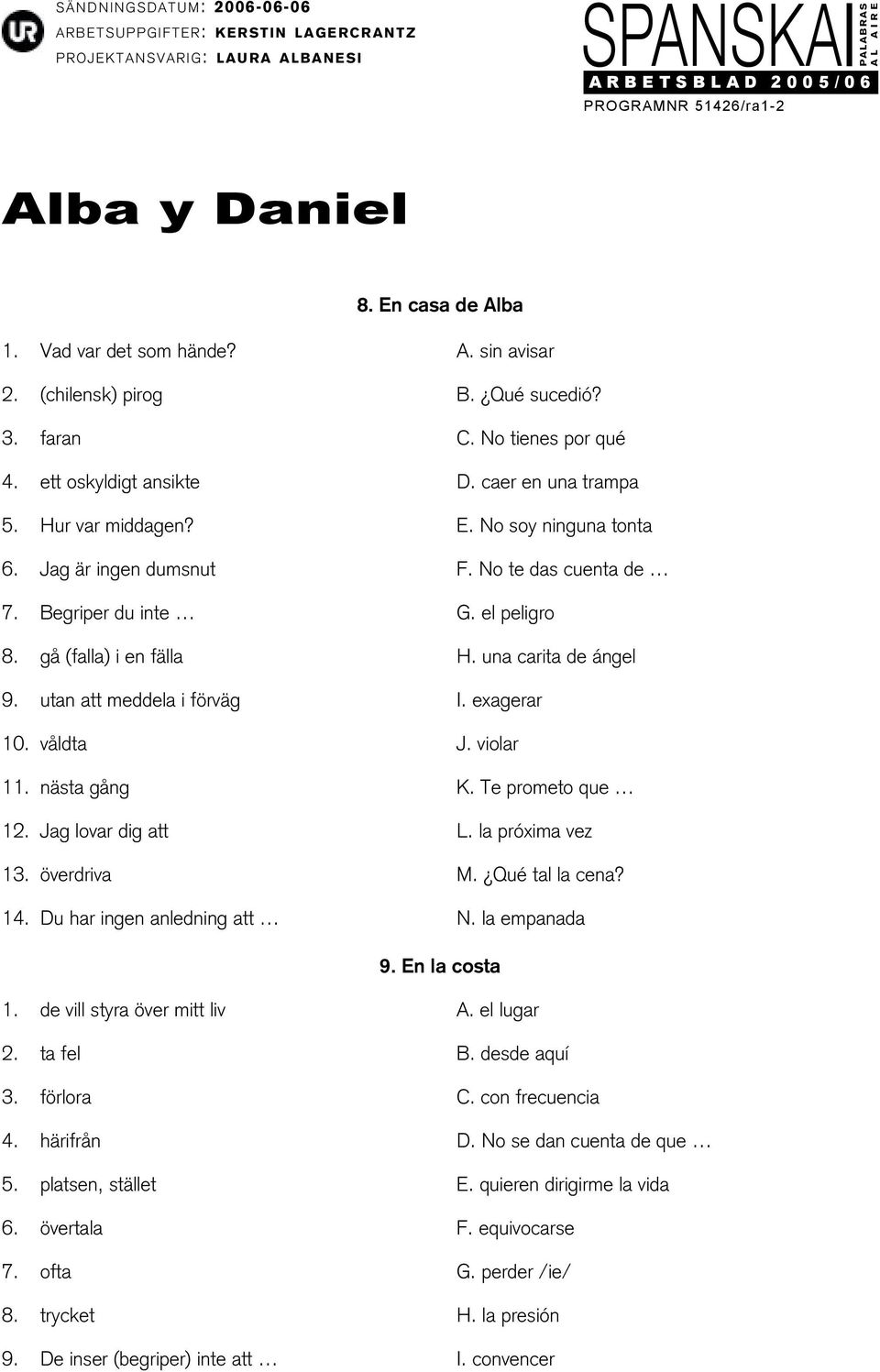 nästa gång K. Te prometo que 12. Jag lovar dig att L. la próxima vez 13. överdriva M. Qué tal la cena? 14. Du har ingen anledning att N. la empanada 9. En la costa 1. de vill styra över mitt liv A.