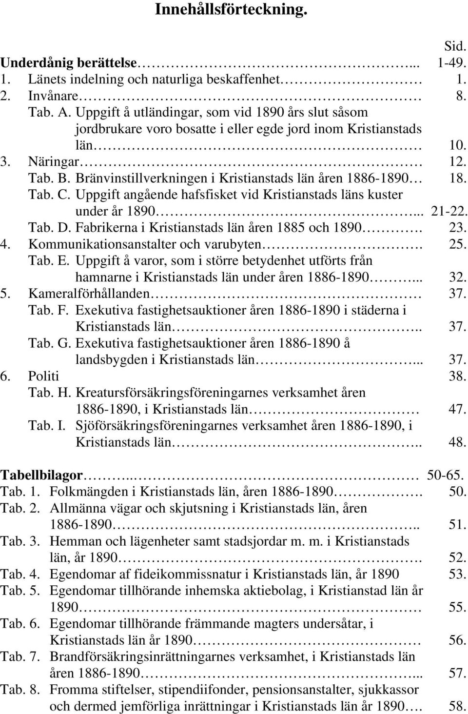Bränvinstillverkningen i Kristianstads län åren 1886-1890 18. Tab. C. Uppgift angående hafsfisket vid Kristianstads läns kuster under år 1890... 21-22. Tab. D.