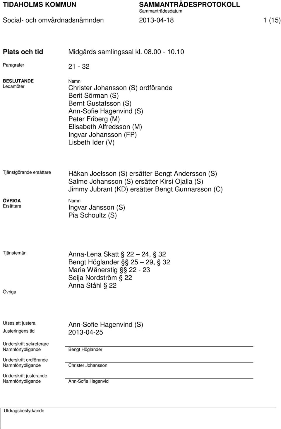 Johansson (FP) Lisbeth Ider (V) Tjänstgörande ersättare ÖVRIGA Ersättare Håkan Joelsson (S) ersätter Bengt Andersson (S) Salme Johansson (S) ersätter Kirsi Ojalla (S) Jimmy Jubrant (KD) ersätter
