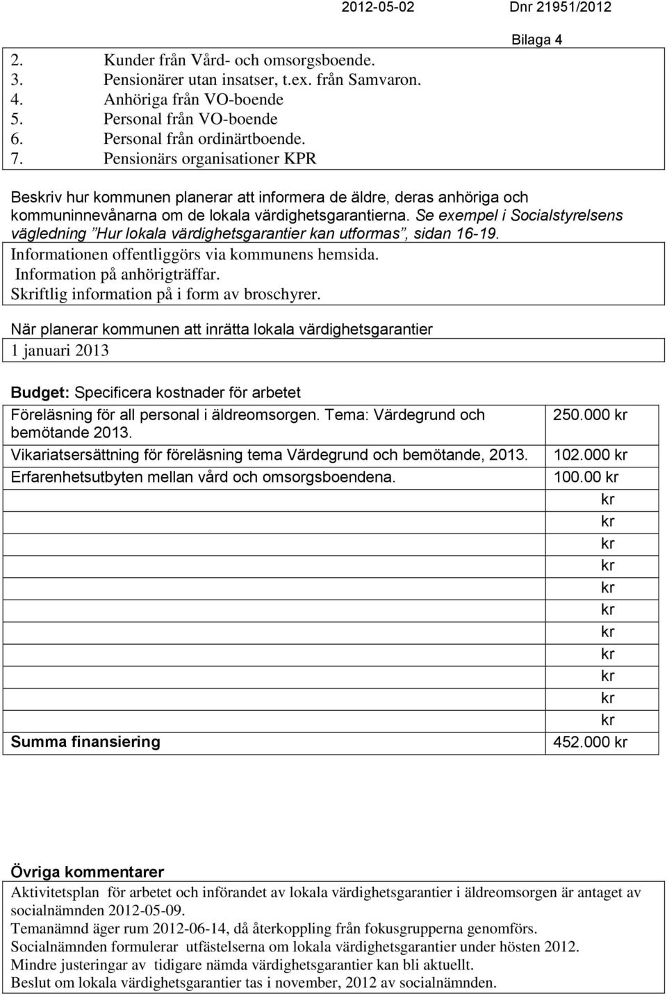 Se exempel i Socialstyrelsens vägledning Hur lokala värdighetsgarantier kan utformas, sidan 16-19. Informationen offentliggörs via kommunens hemsida. Information på anhörigträffar.