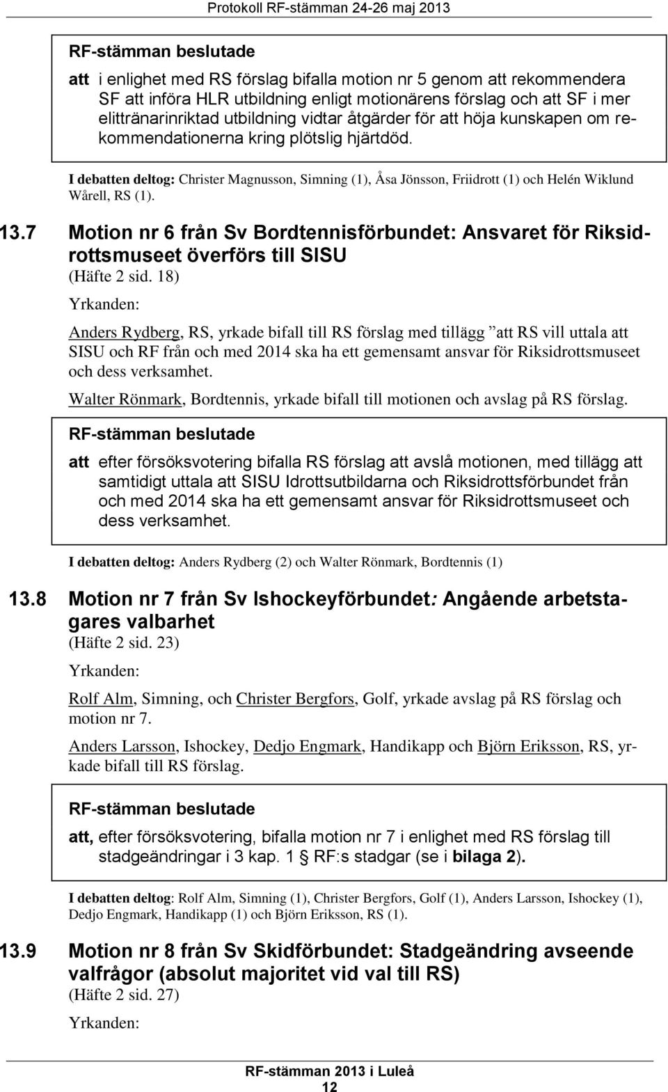 I debatten deltog: Christer Magnusson, Simning (1), Åsa Jönsson, Friidrott (1) och Helén Wiklund Wårell, RS (1). 13.