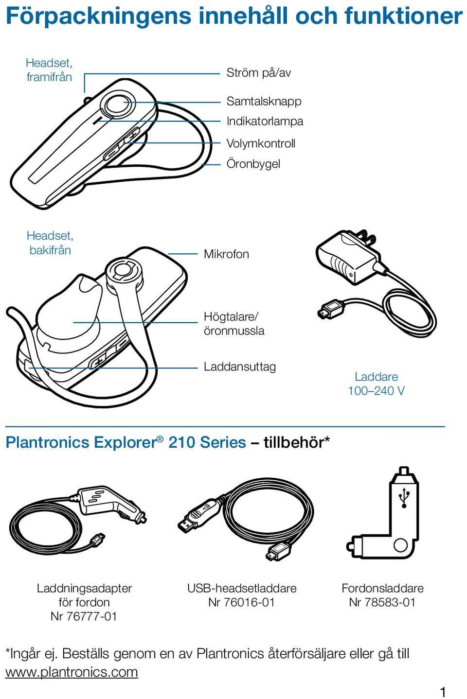 Plantronics Explorer 210 Series tillbehör* Laddningsadapter för fordon Nr 76777-01 USB-headsetladdare Nr
