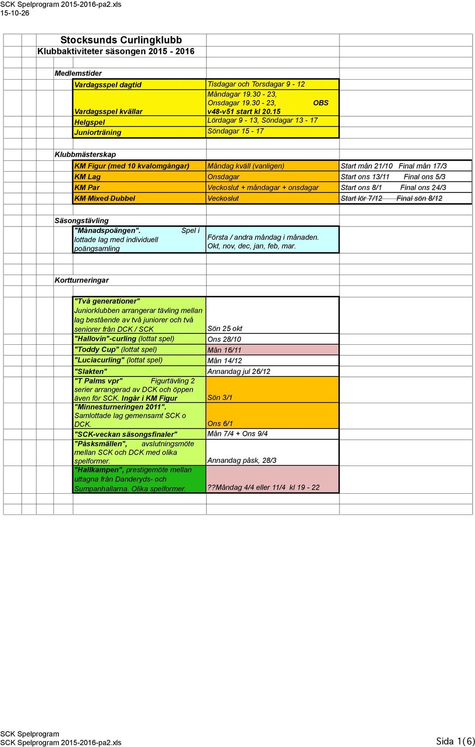 15 Helgspel Lördagar 9-13, Söndagar 13-17 Juniorträning Söndagar 15-17 Klubbmästerskap KM Figur (med 10 kvalomgångar) Måndag kväll (vanligen) Start mån 21/10 Final mån 17/3 KM Lag Onsdagar Start ons