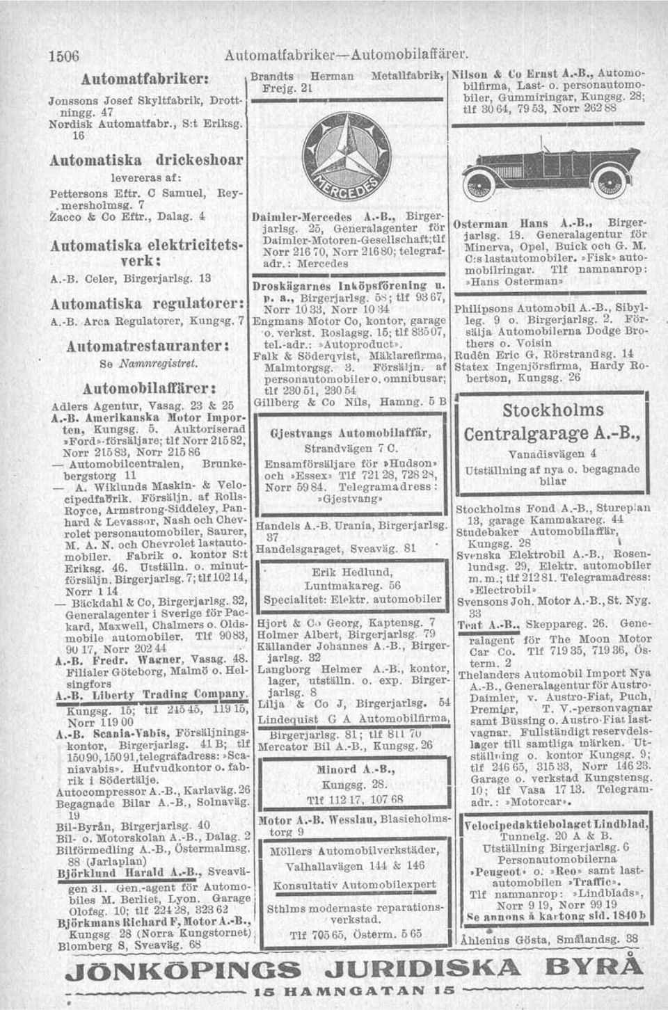 13 AutomobilaJfärer: Adlers Agentur, Vasag. 23 & 25 A B. Amerikanska Motor Importen, Kungsg. 5. Auktoriserad.Ford.
