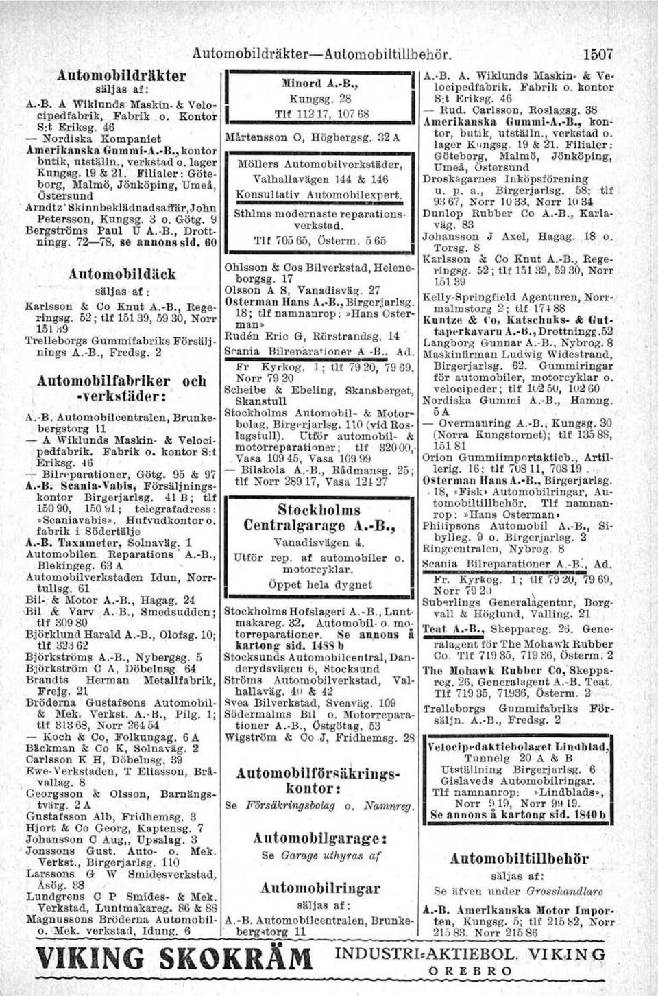 Östersund Konsultativ Autom6bile~. Arndtz.' Skinubeklädnadsfär,John Sthlms modernaste reparationsverkstad. Petersson, Kungsg. 3 o. Götg. 9 Bergströms Paul U A.:B., Drottningg. 72-78, se annons sid.