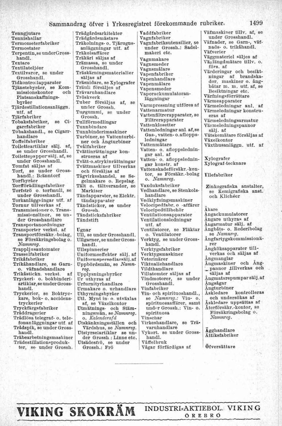, se under Toilettepiippersalj., se under Tomfat säljas Torf, se under : Bränntorf TorfbyrBer lbrkorhdlingsfabriker Torfströ o torfmull, se under Torkanlaggriingar ut?