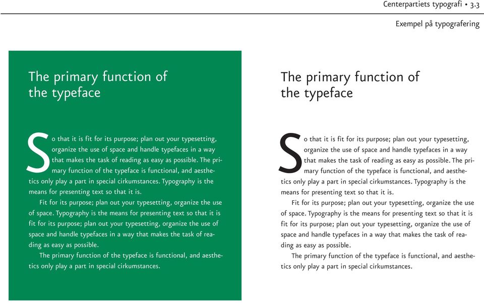 typefaces in a way that makes the task of reading as easy as possible. The primary function of the typeface is functional, and aesthetics only play a part in special cirkumstances.