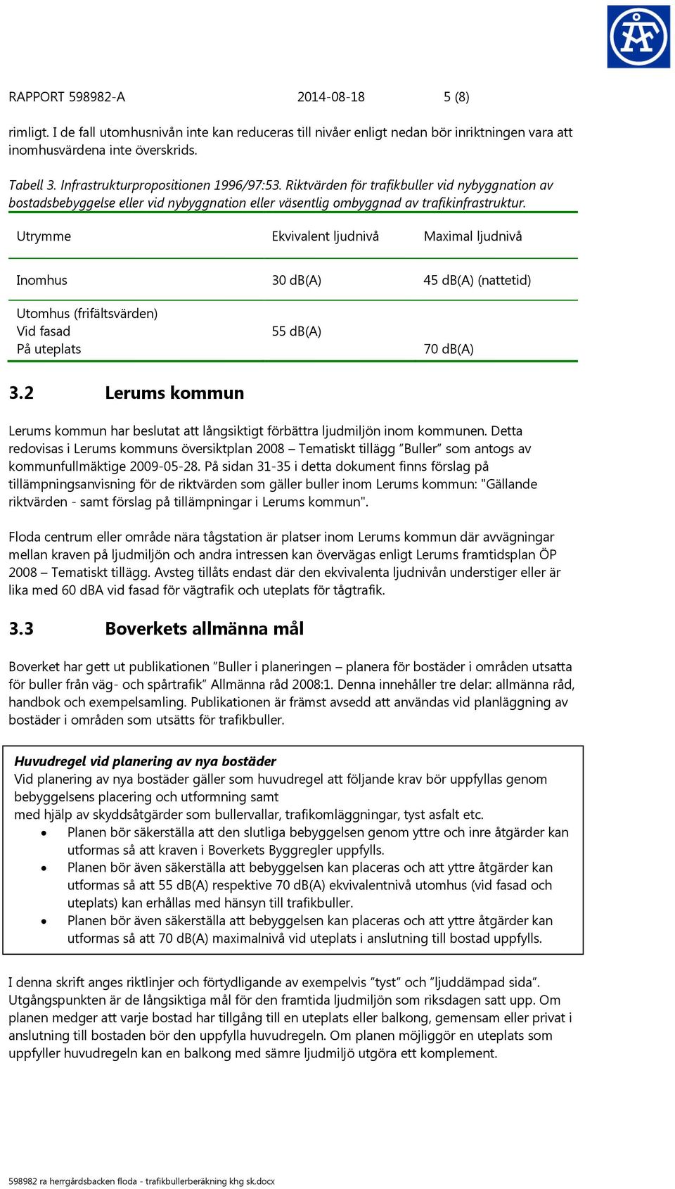 Utrymme Ekvivalent ljudnivå Maximal ljudnivå Inomhus 30 db(a) 45 db(a) (nattetid) Utomhus (frifältsvärden) Vid fasad På uteplats 55 db(a) 70 db(a) 3.