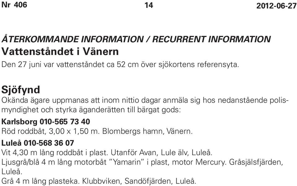 Karlsborg 010-565 73 40 Röd roddbåt, 3,00 x 1,50 m. Blombergs hamn, Vänern. Luleå 010-568 36 07 Vit 4,30 m lång roddbåt i plast.