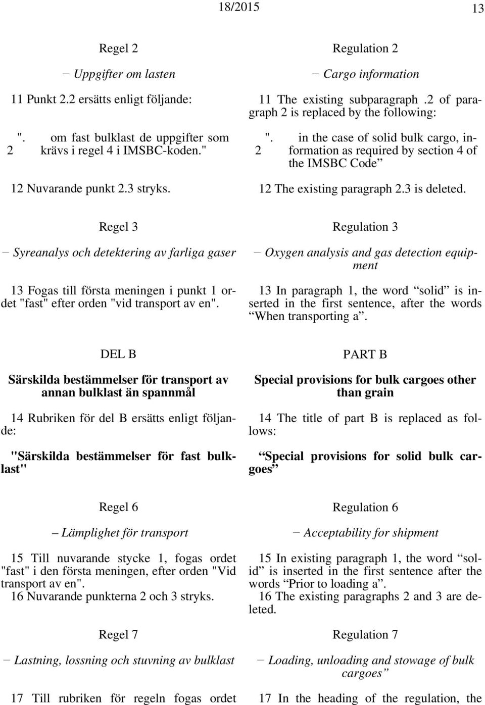 12 The existing paragraph 2.3 is deleted. Regel 3 Syreanalys och detektering av farliga gaser 13 Fogas till första meningen i punkt 1 ordet "fast" efter orden "vid transport av en".