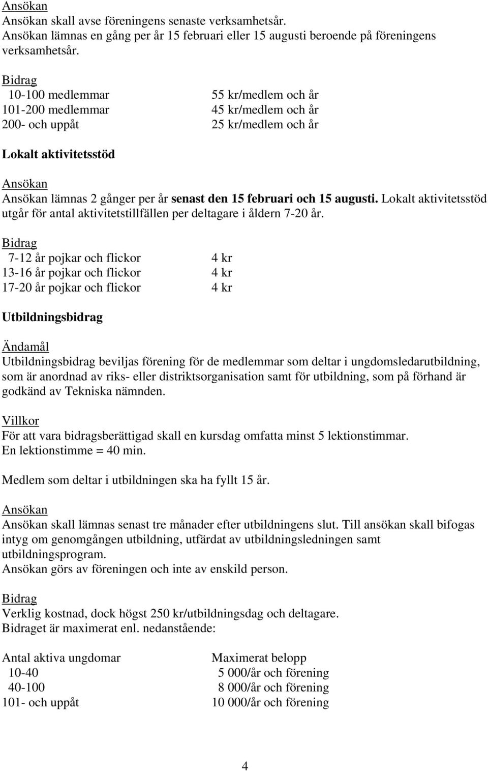 Lokalt aktivitetsstöd utgår för antal aktivitetstillfällen per deltagare i åldern 7-20 år.