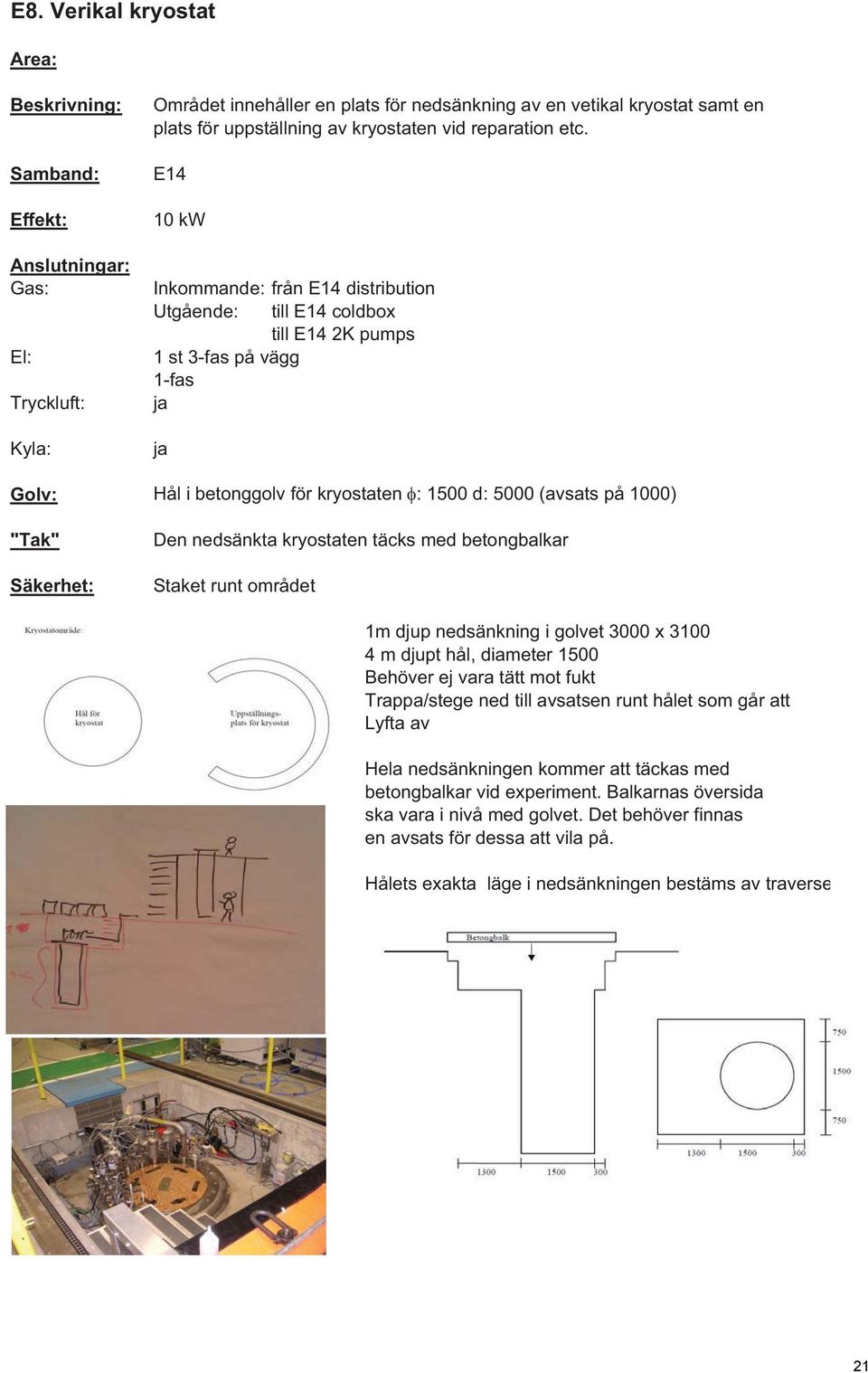 Den nedsänkta kryostaten täcks med betongbalkar Staket runt området 1m djup nedsänkning i golvet 3000 x 3100 4 m djupt hål, diameter 1500 Behöver ej vara tätt mot fukt Trappa/stege ned till avsatsen