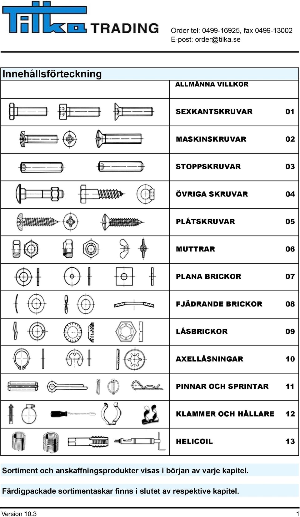 PLÅTSKRUVAR 05 MUTTRAR 06 PLANA BRICKOR 07 FJÄDRANDE BRICKOR 08 LÅSBRICKOR 09 AXELLÅSNINGAR 10 PINNAR OCH SPRINTAR 11