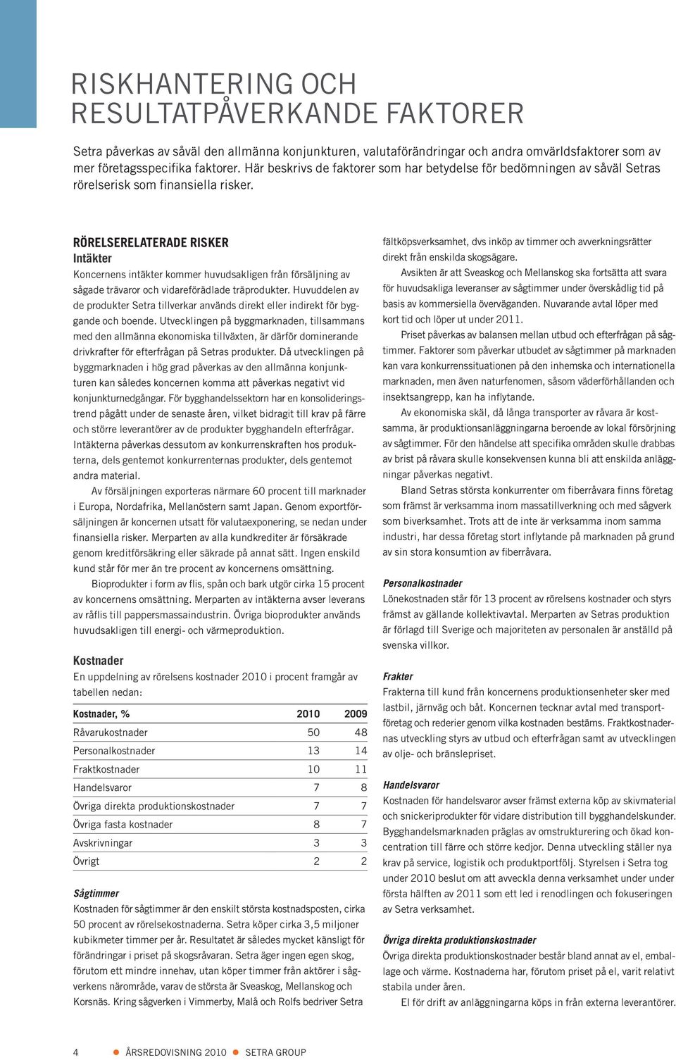 Rörelserelaterade risker Intäkter Koncernens intäkter kommer huvudsakligen från försäljning av sågade trävaror och vidareförädlade träprodukter.