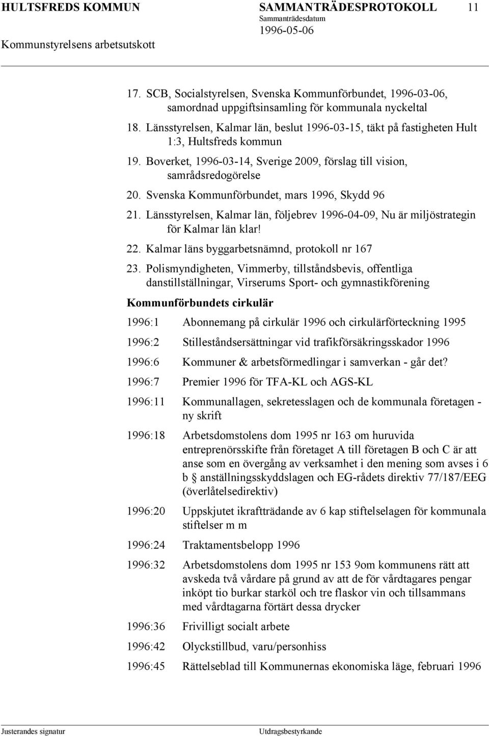 Svenska Kommunförbundet, mars 1996, Skydd 96 21. Länsstyrelsen, Kalmar län, följebrev 1996-04-09, Nu är miljöstrategin för Kalmar län klar! 22. Kalmar läns byggarbetsnämnd, protokoll nr 167 23.