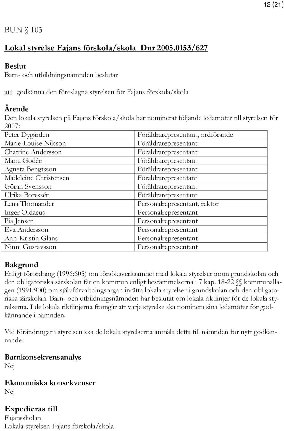 Föräldrarepresentant, ordförande Marie-Louise Nilsson Föräldrarepresentant Chatrine Andersson Föräldrarepresentant Maria Godée Föräldrarepresentant Agneta Bengtsson Föräldrarepresentant Madeleine